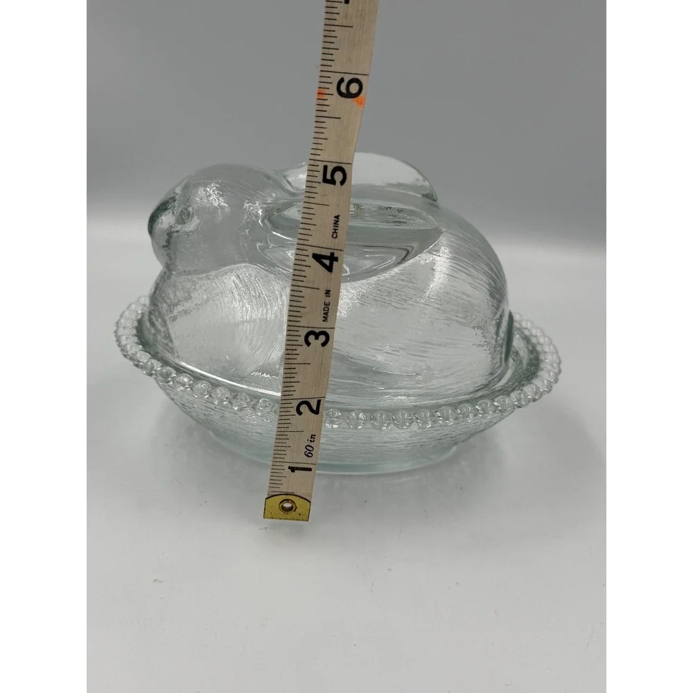 Vintage Clear Glass Rabbit Covered Dish - Indiana Glass Bunny on Nest 7